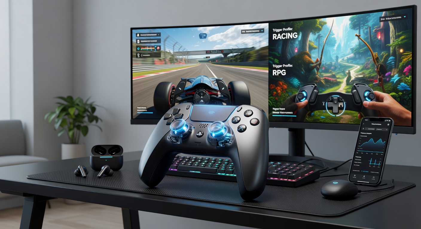 Player using adaptive trigger controller while switching between console and mobile display during a hybrid gaming session