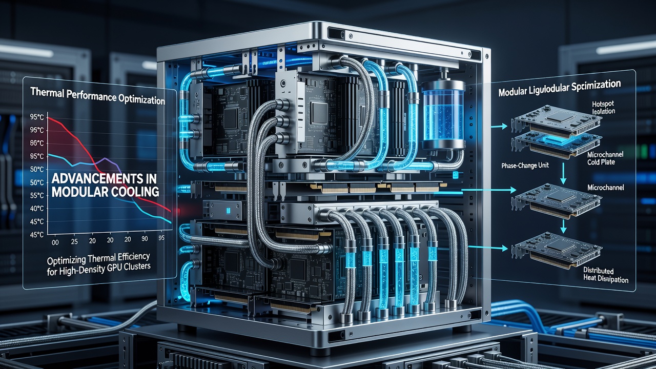 Close-up view of modular cold plate installation on multiple GPUs within a competitive PC cluster rack