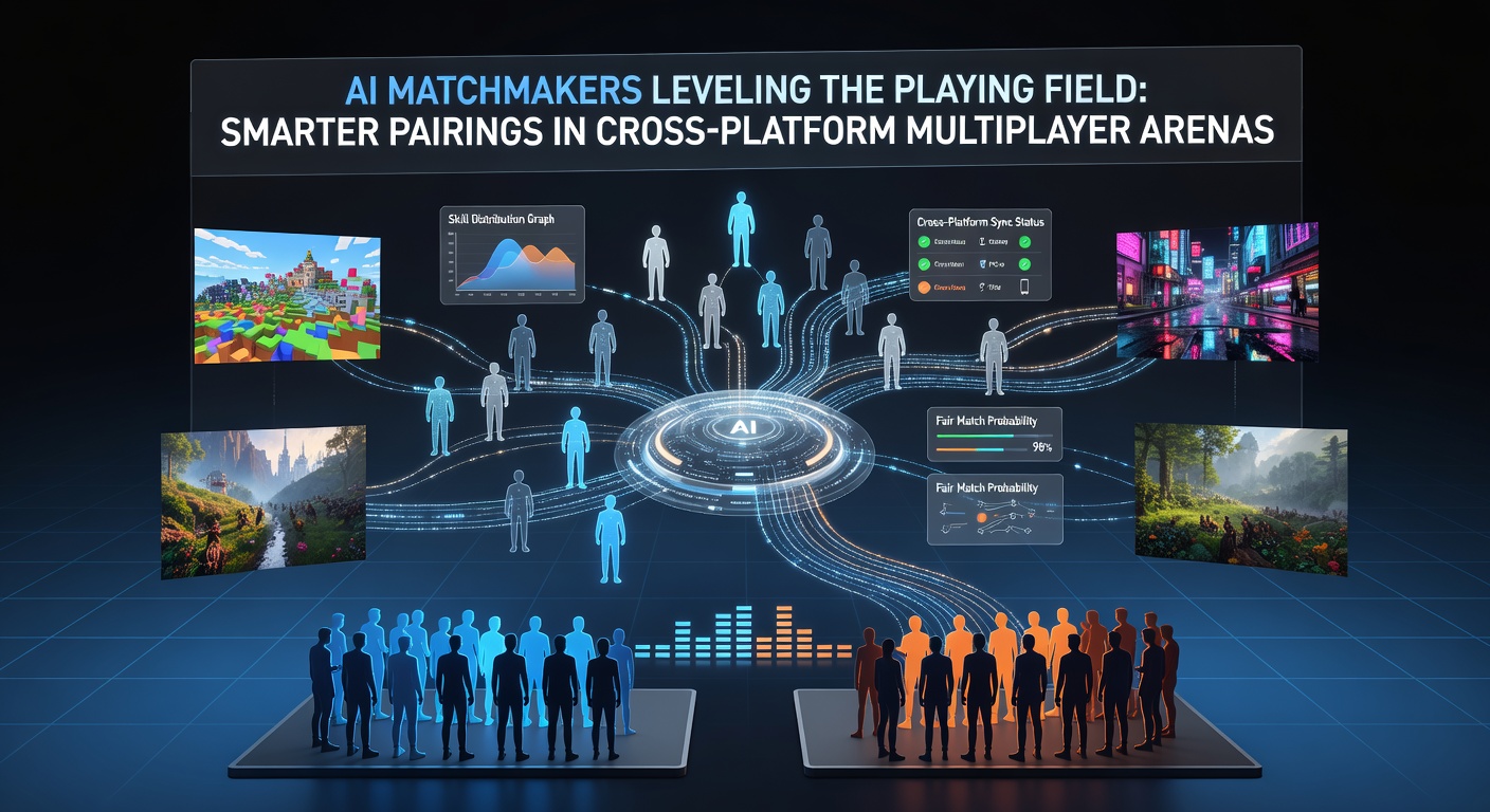 Gamers on diverse platforms competing in a unified multiplayer arena, with AI algorithms visualized as connecting nodes balancing teams dynamically