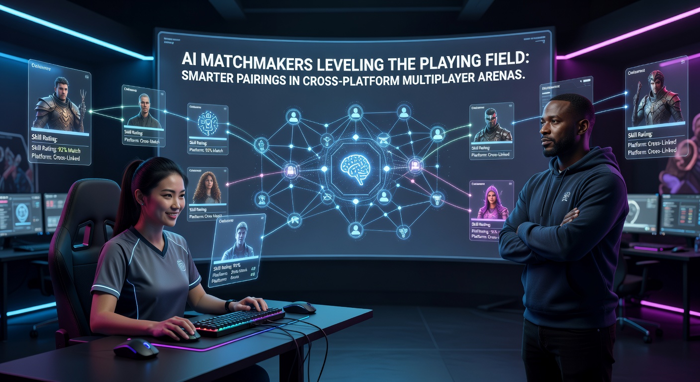 Dynamic visualization of an AI matchmaking dashboard showing skill graphs aligning players from PC, console, and mobile in perfect balance