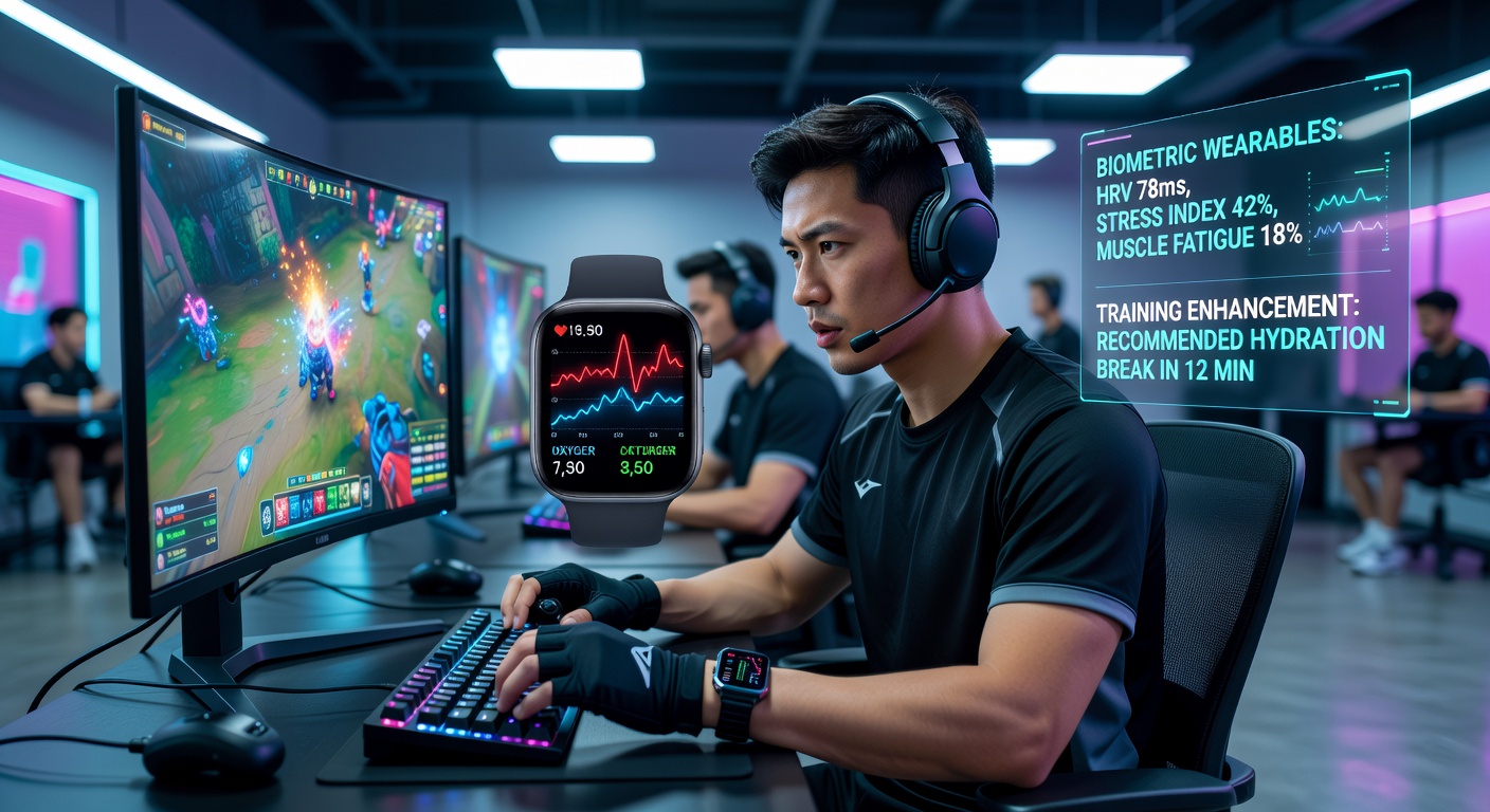 Professional esports athlete wearing biometric sensors during a training session