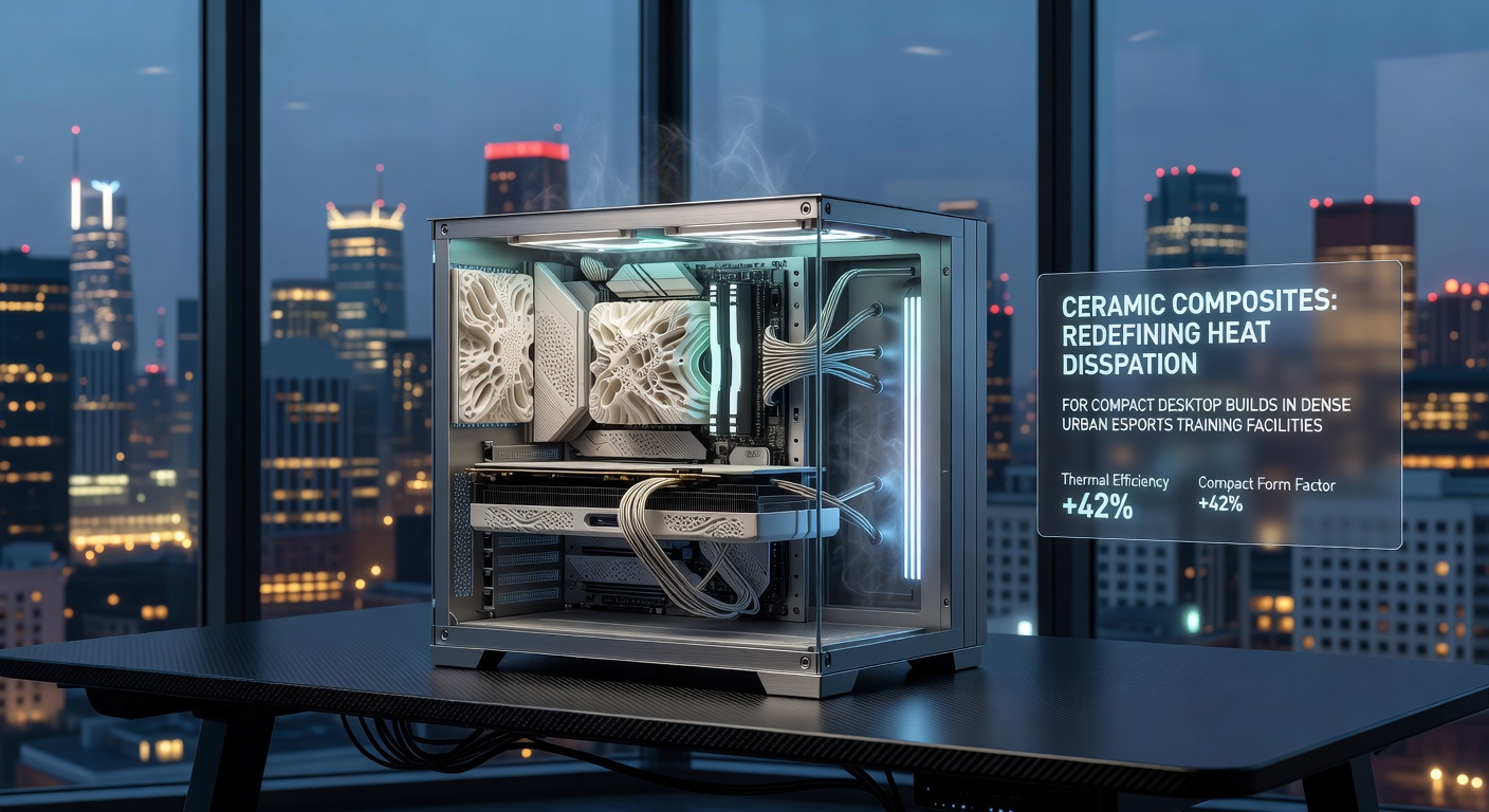 Compact desktop PC with ceramic composite heat sinks installed in an urban esports training facility showing optimized airflow patterns
