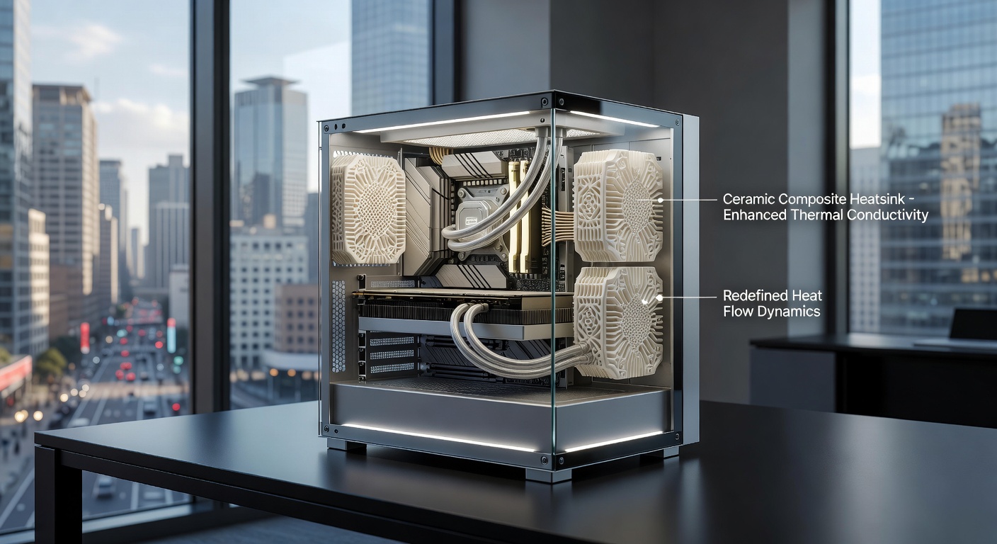 Close-up view of ceramic composite heat sink array inside a small form factor esports PC with visible thermal mapping overlays