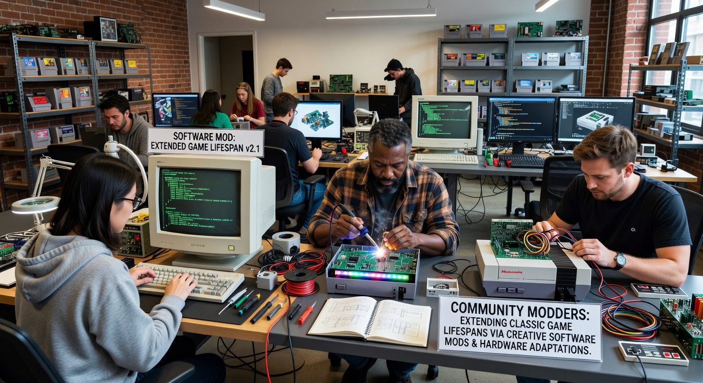 Community modders collaborating on software patches and hardware setups for vintage game systems