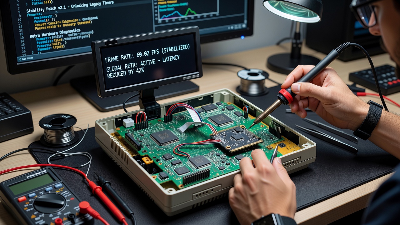 Custom firmware adjustments applied to vintage console hardware for improved frame pacing during competitive retro esports events