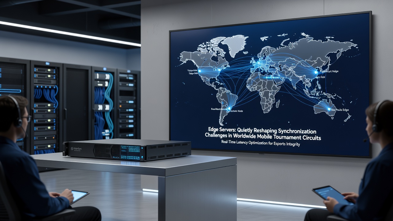 Technicians monitoring edge server performance during a large-scale mobile esports event