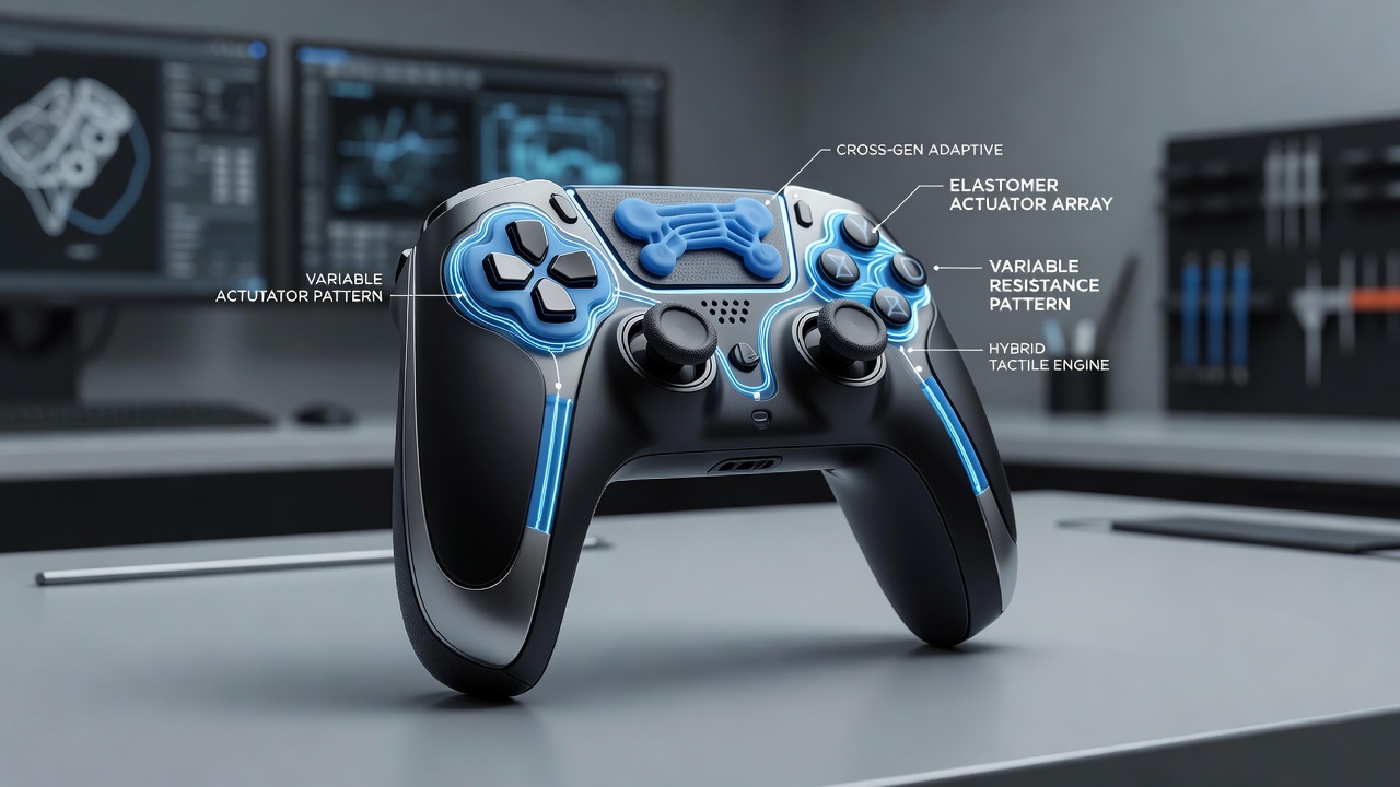 Side angle of a hybrid controller during a competitive match, highlighting real-time button resistance adjustments in action