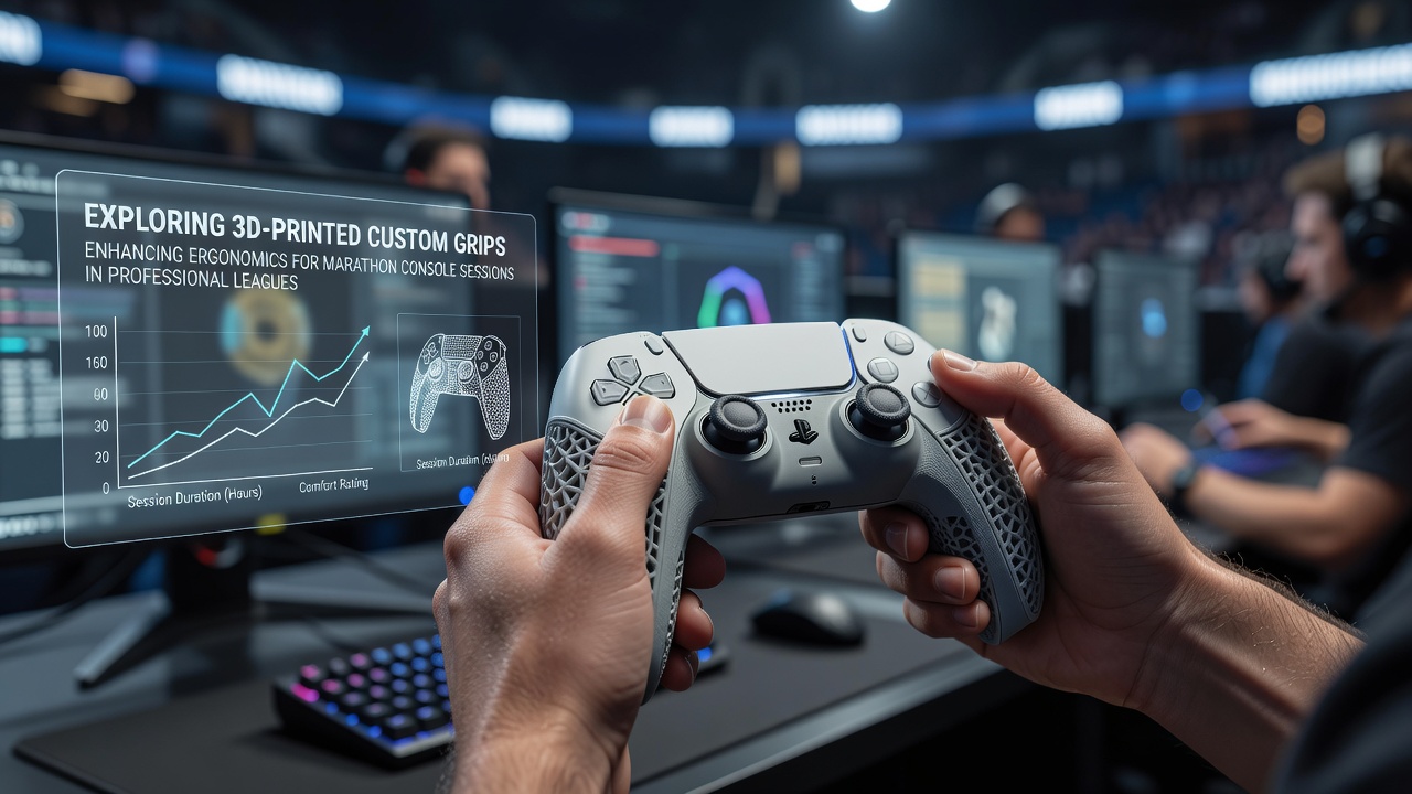 Close-up of a 3D-printed custom controller grip being fitted onto a professional esports console controller, showing detailed ergonomic contours and textured surface for improved hand comfort during extended play
