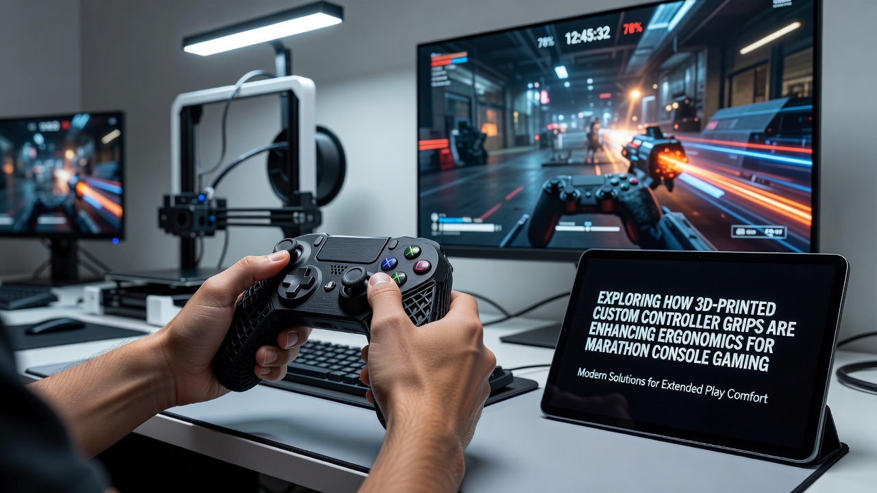 Professional gamer testing 3D-printed custom grips on a console controller during a long training session, with hand positioned naturally on the ergonomic contours