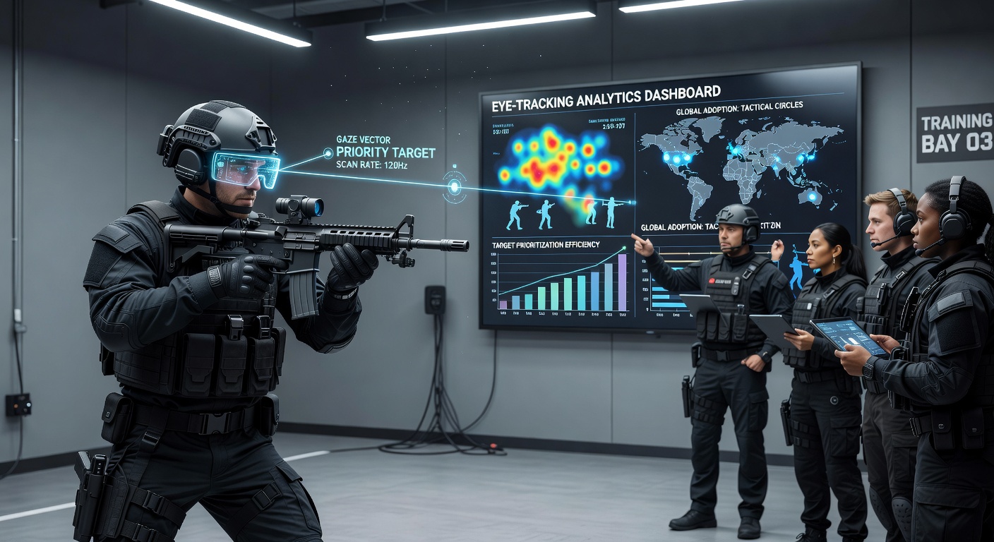 Tactical shooter using eye-tracking headset during target prioritization drill in a simulation facility