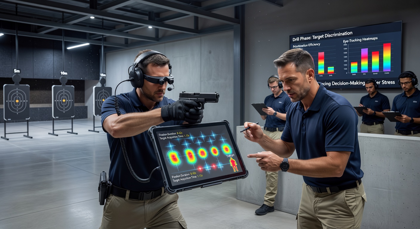 Close-up of eye-tracking data overlay on tactical simulation screen during drill review