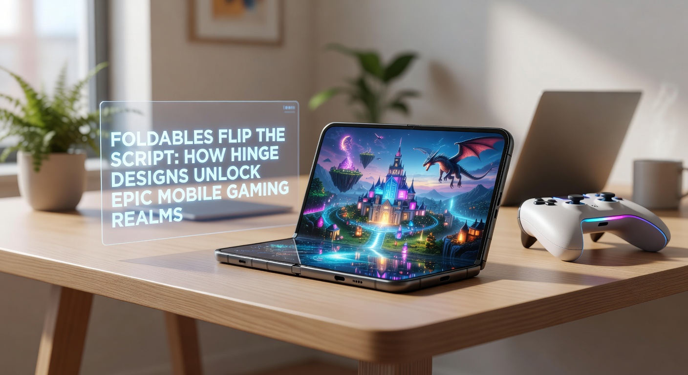 Foldable smartphone unfolded into a large screen displaying an intense mobile battle royale game, with intricate hinge mechanism visible at the base highlighting ergonomic grip for prolonged play