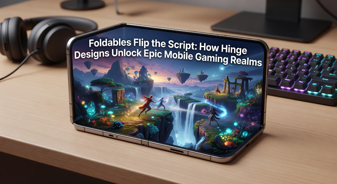 Close-up of a foldable phone's advanced hinge in action during a mobile RPG session, screen split for map and combat views, emphasizing crease-free display and robust build for intense gaming