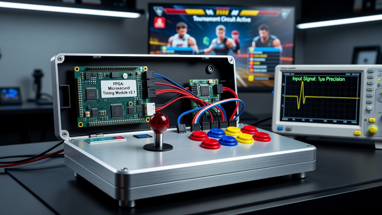 FPGA chip integrated into a custom fightstick controller for fighting game input processing