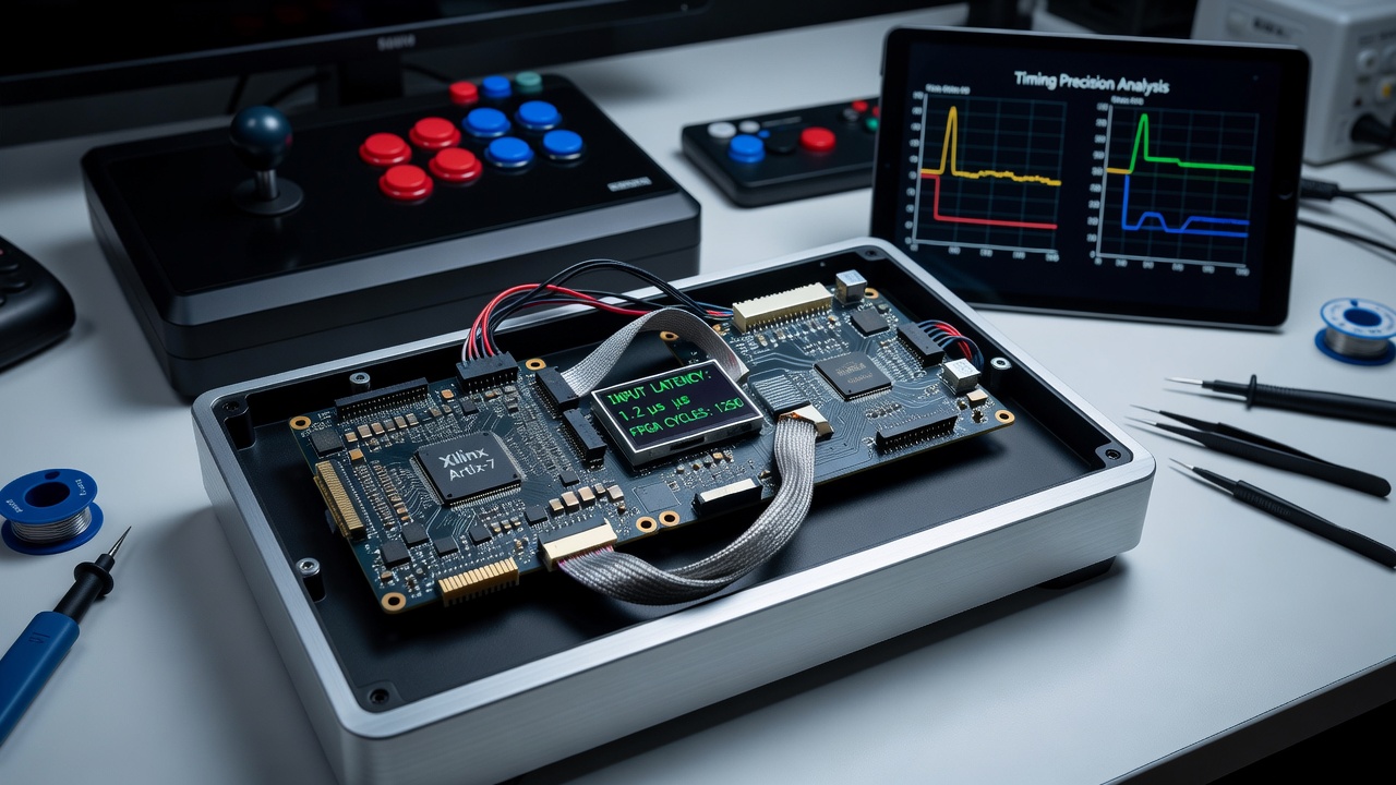 Custom fightstick undergoing timing calibration tests ahead of a fighting game tournament