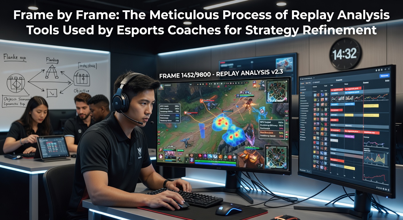 Esports coach reviewing detailed replay footage on multiple monitors in a professional training facility