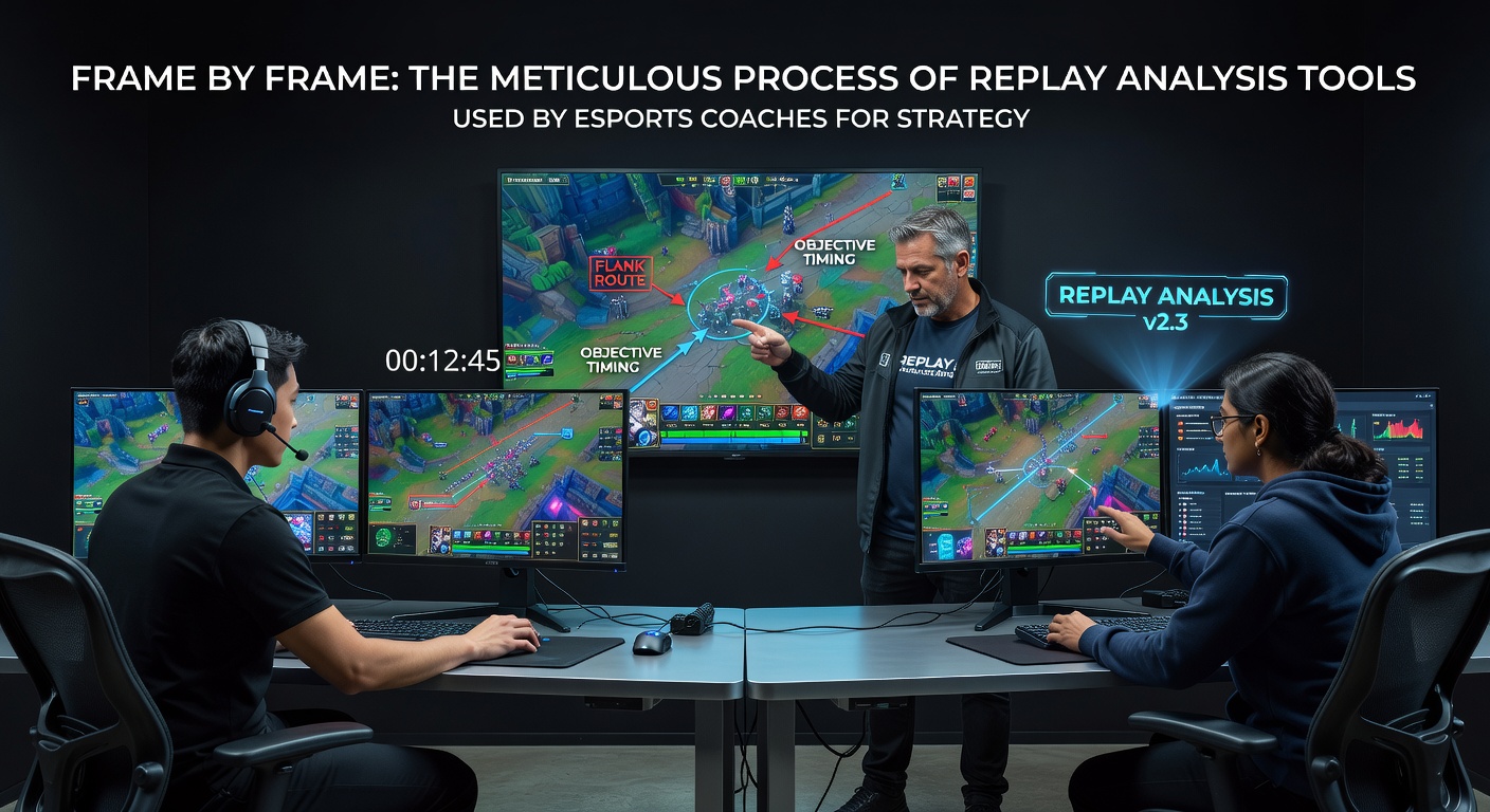 Close-up of replay analysis software displaying frame-by-frame breakdown with player positioning overlays and statistical data