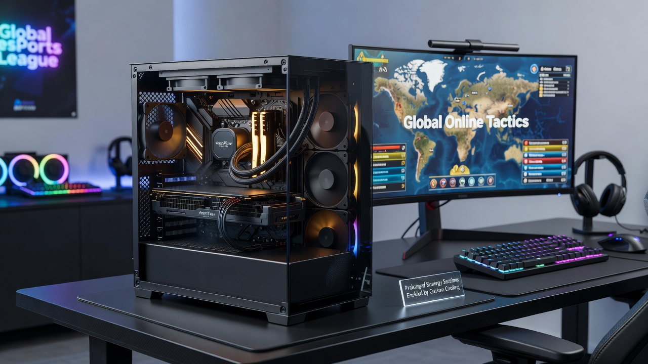 Side view of a compact gaming PC showing radiator placement and tubing routing used in professional strategy esports environments