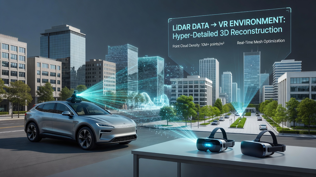 LiDAR scanner mounted on a self-driving vehicle capturing urban street data for 3D mapping