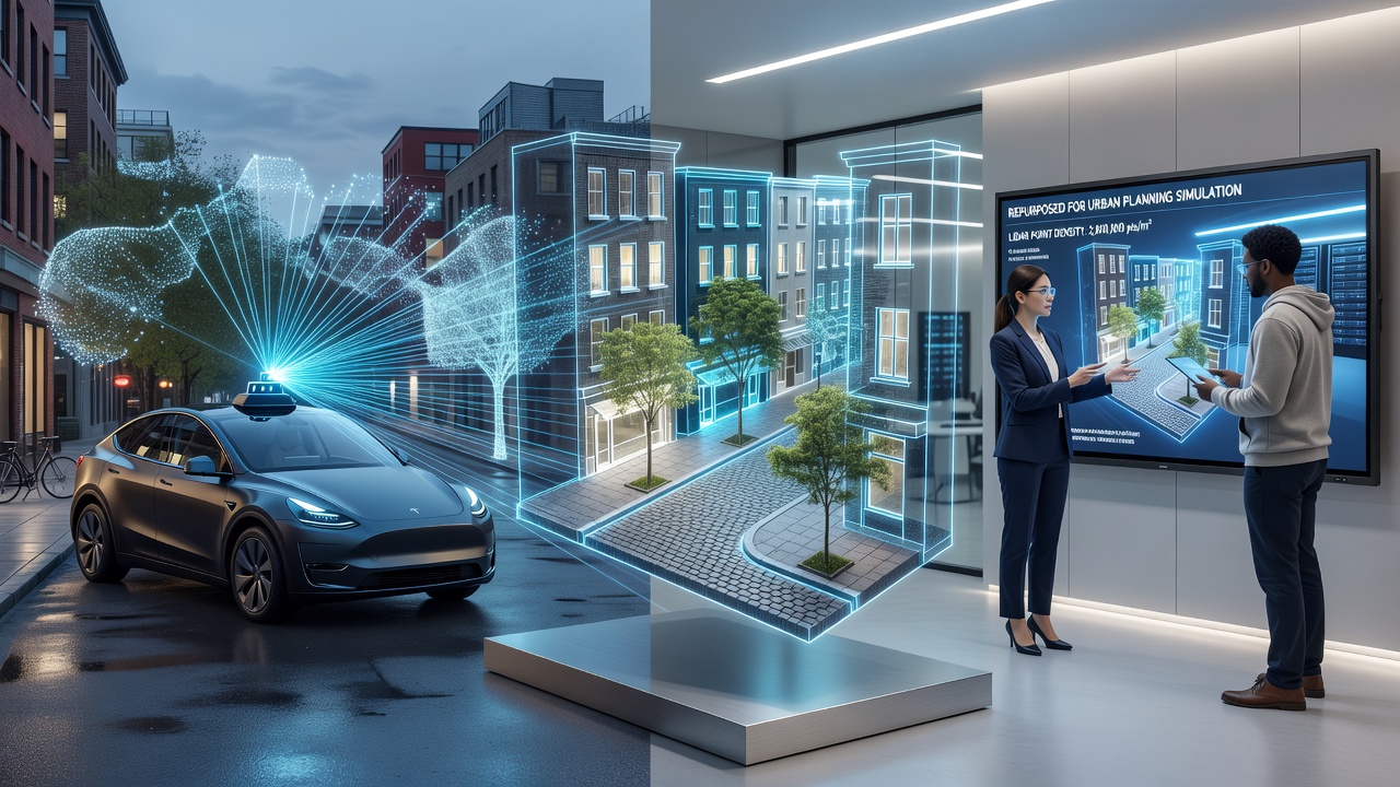VR developer reviewing detailed 3D city model generated from vehicle LiDAR scans on multiple monitors