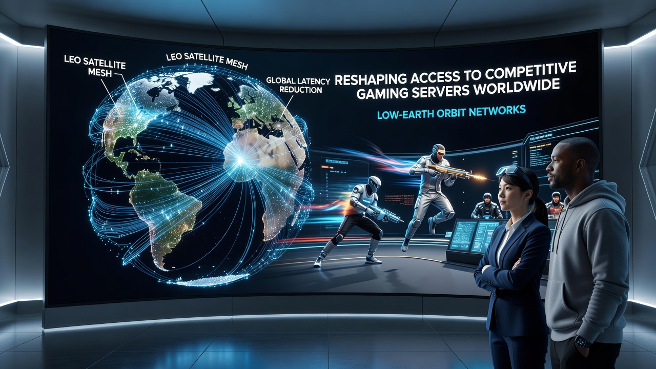Satellite network coverage map showing LEO constellations connecting remote gaming regions to global servers