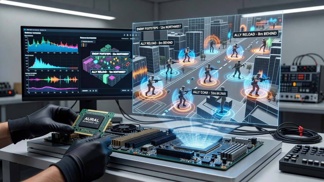Close-up of modular audio chip processing positional cues during a multiplayer battle simulation on older gaming hardware