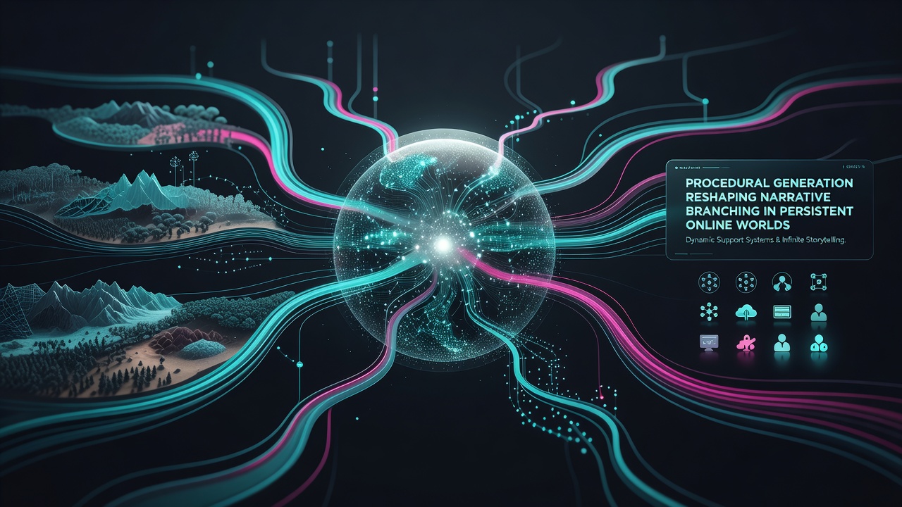 Diagram showing data flow between procedural engines and cross-device narrative states in shared online worlds