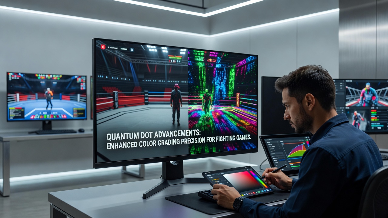 Close-up of frame data analysis workstation featuring quantum dot monitor with overlaid timing graphs and color-accurate character sprites