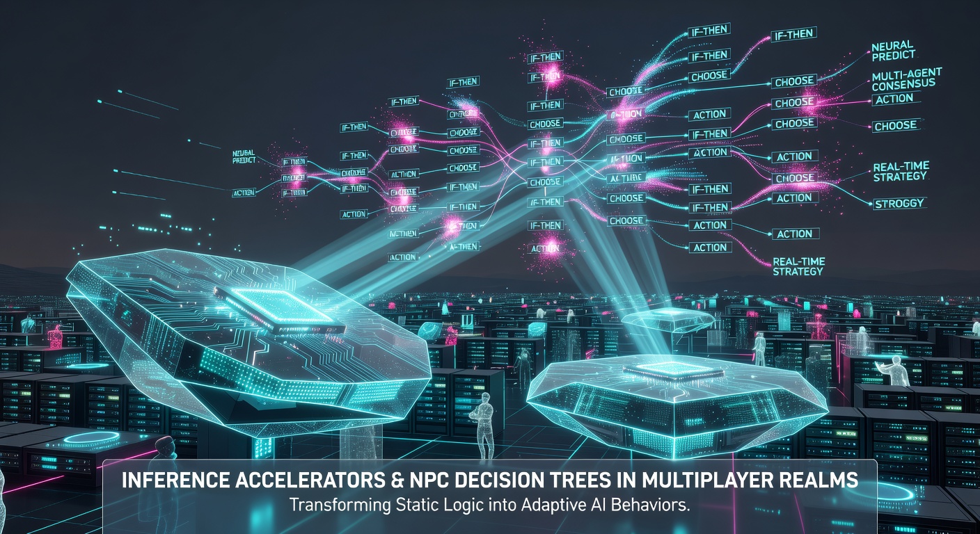 Server racks equipped with inference accelerators managing distributed NPC decision processes in expansive online worlds