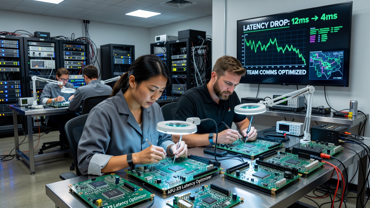 Close-up view of re-engineered audio DSP chip undergoing latency testing with oscilloscope equipment