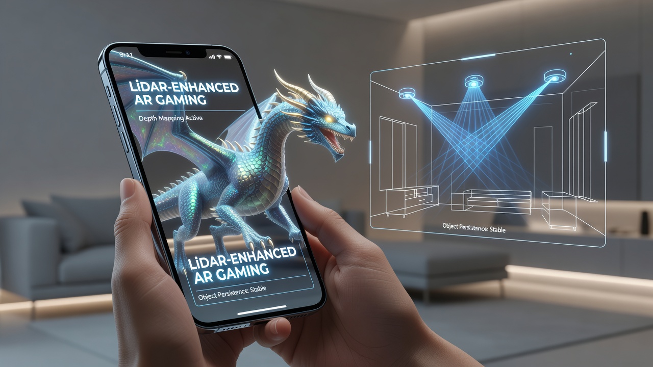 Augmented reality game interface showing lidar-mapped room with virtual elements