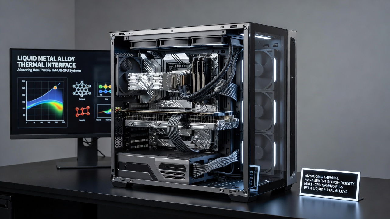Close-up of liquid metal alloy application on GPU array with thermal sensors monitoring extended tournament conditions