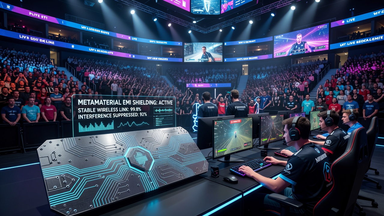Technicians positioning metamaterial sheets near player stations to stabilize wireless links during an esports tournament