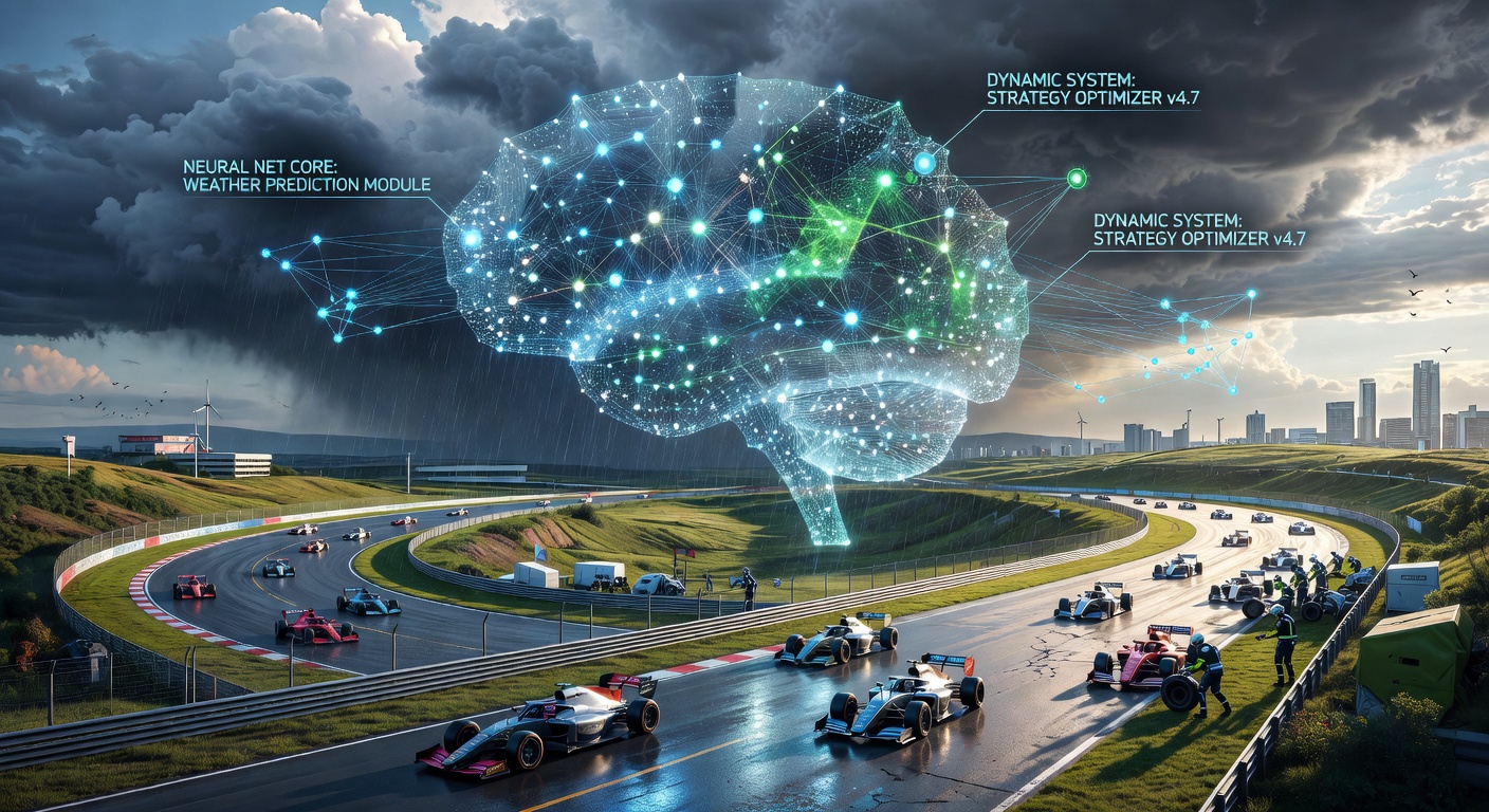 Neural networks processing real-time weather data overlays on expansive racing circuit maps
