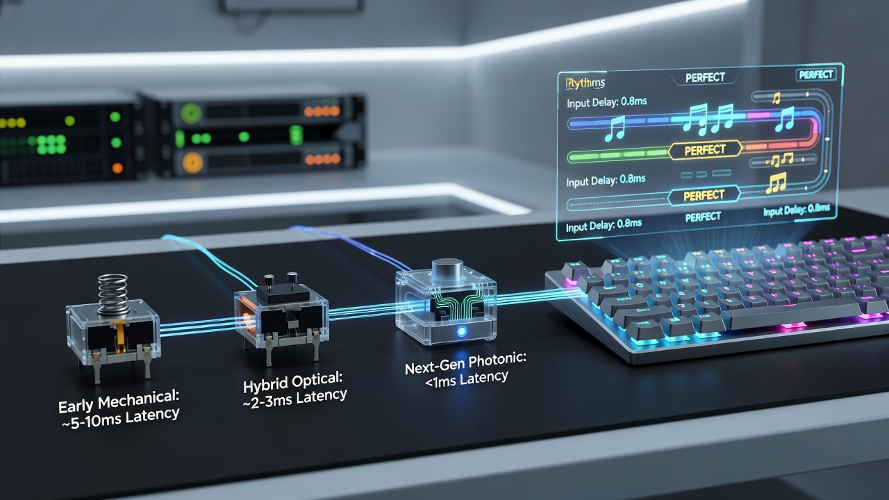 Competitive rhythm gaming setup with optical keyboard connected to tournament station showing latency monitoring software