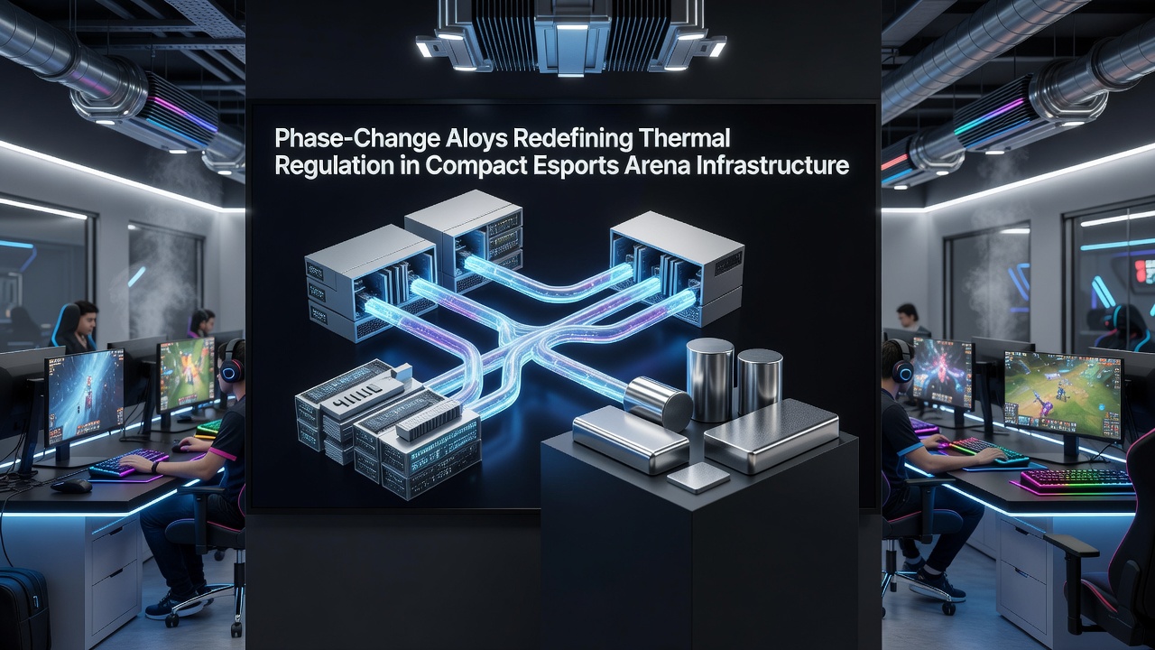 Compact esports arena setup with phase-change alloy cooling systems integrated into server racks and player stations