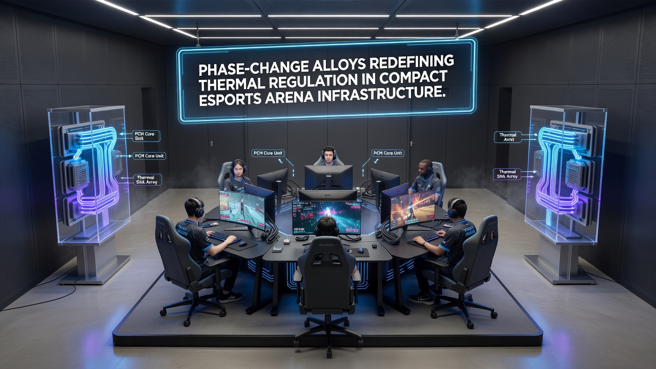 Close-up view of phase-change alloy panels installed in esports venue infrastructure for thermal regulation