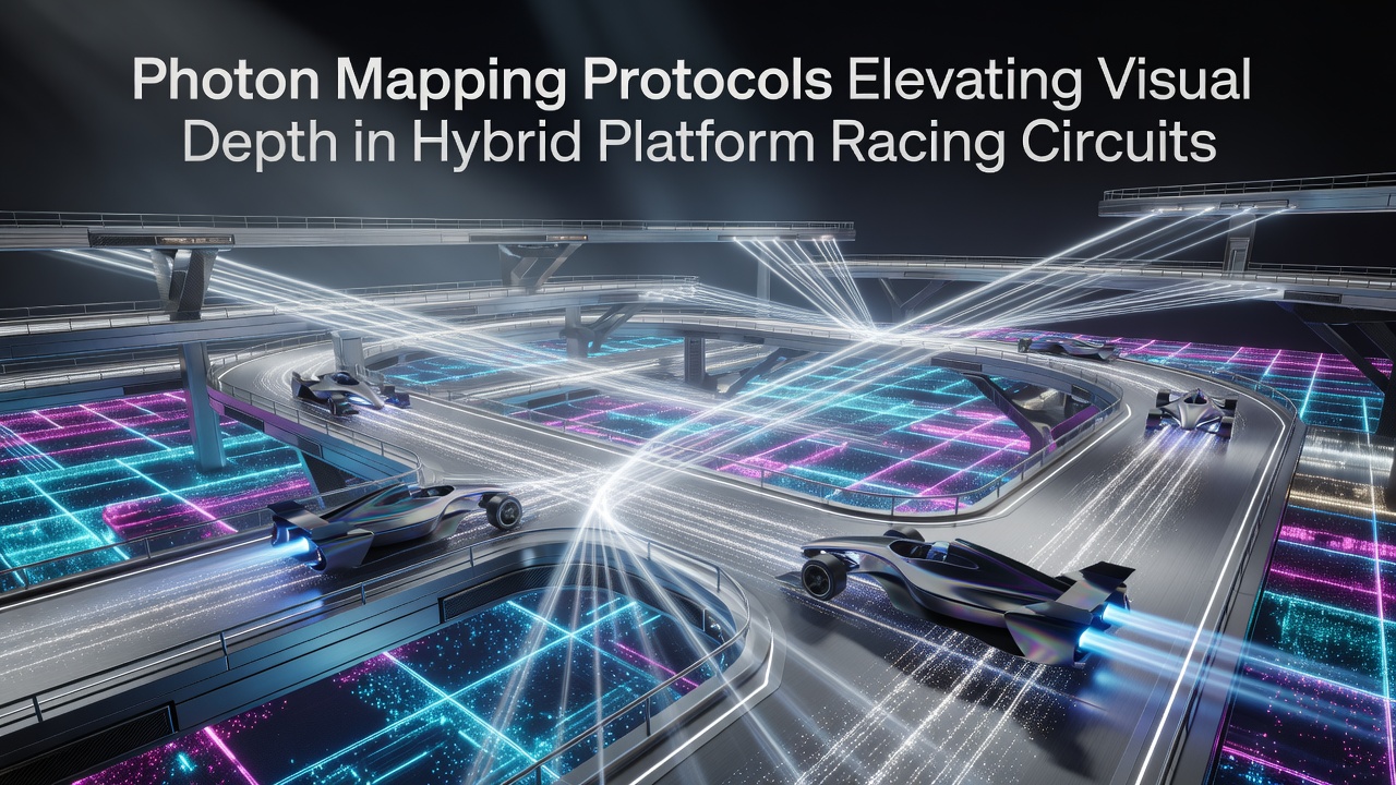 Photon mapping visualization showing light paths and depth enhancements in a racing circuit simulation