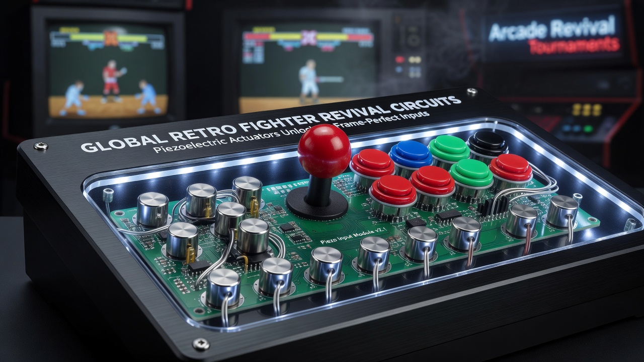 Close-up view of piezoelectric actuators integrated into an arcade stick lever mechanism for precise input control