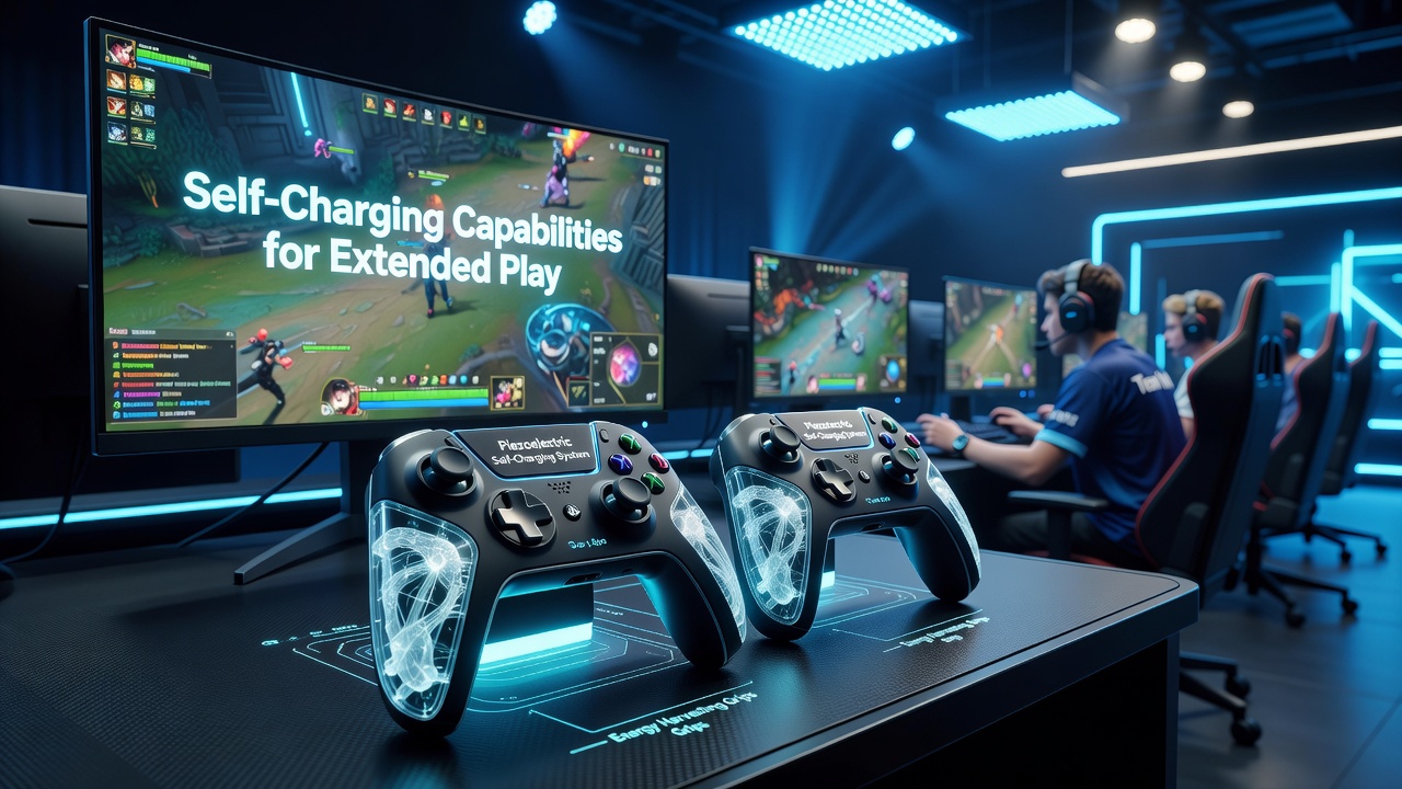 Wireless esports controller featuring integrated piezoelectric layers that convert button presses and vibrations into electrical charge during long tournament sessions
