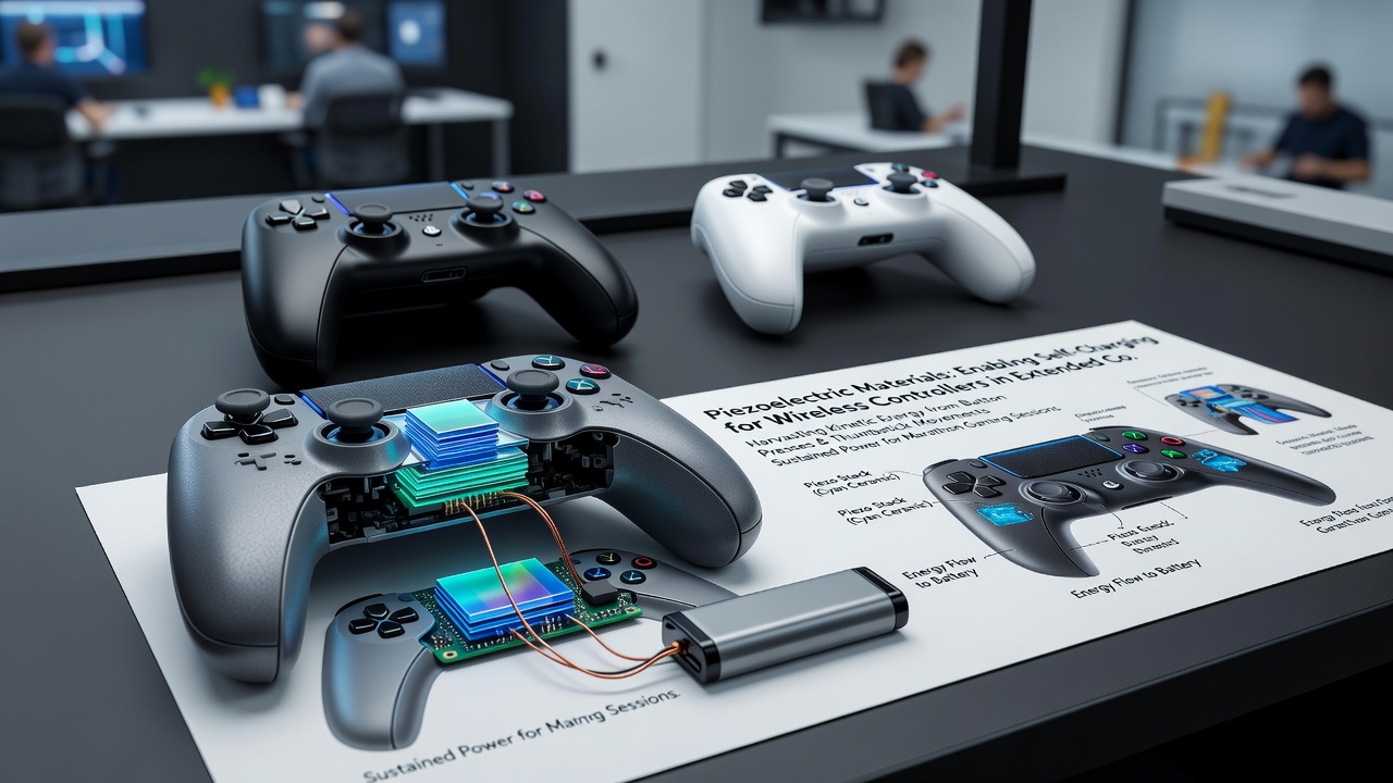 Close-up view of piezoelectric film layers embedded beneath a controller's faceplate and trigger assemblies, illustrating charge pathways used in extended esports competitions