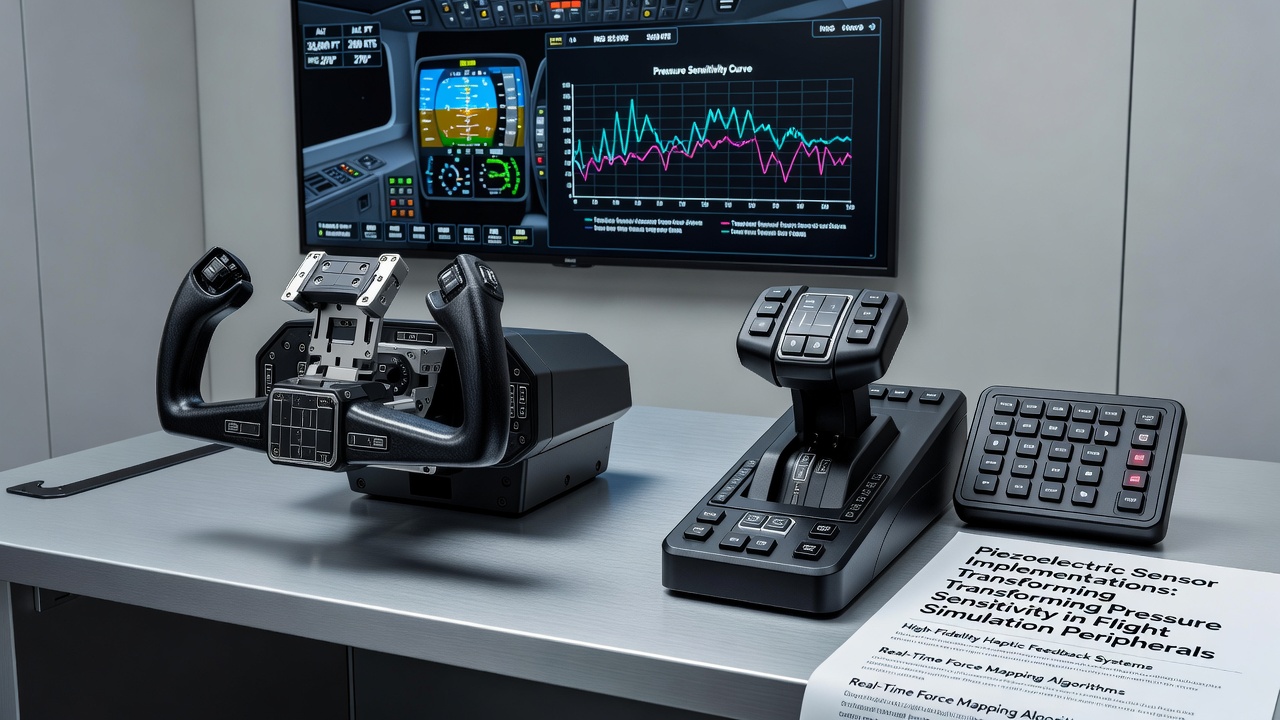Flight simulator setup featuring multiple peripherals with integrated piezoelectric pressure sensors including joystick, rudder pedals, and throttle quadrant
