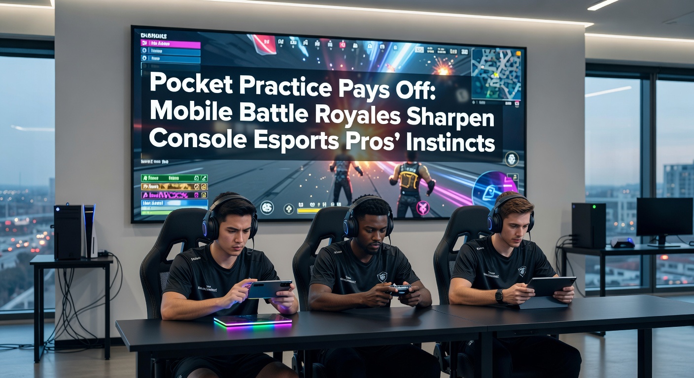 A pro gamer intensely focused on a mobile battle royale match, controller in one hand and phone in the other, highlighting cross-platform practice sessions