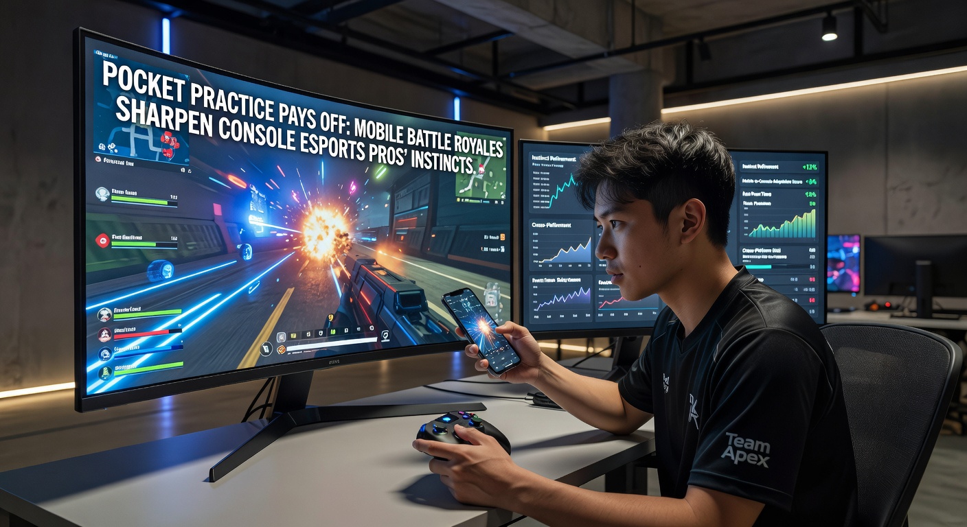 Console esports pro reviewing mobile battle royale replay on a split-screen setup, analyzing kill cams and heatmaps for strategy refinement