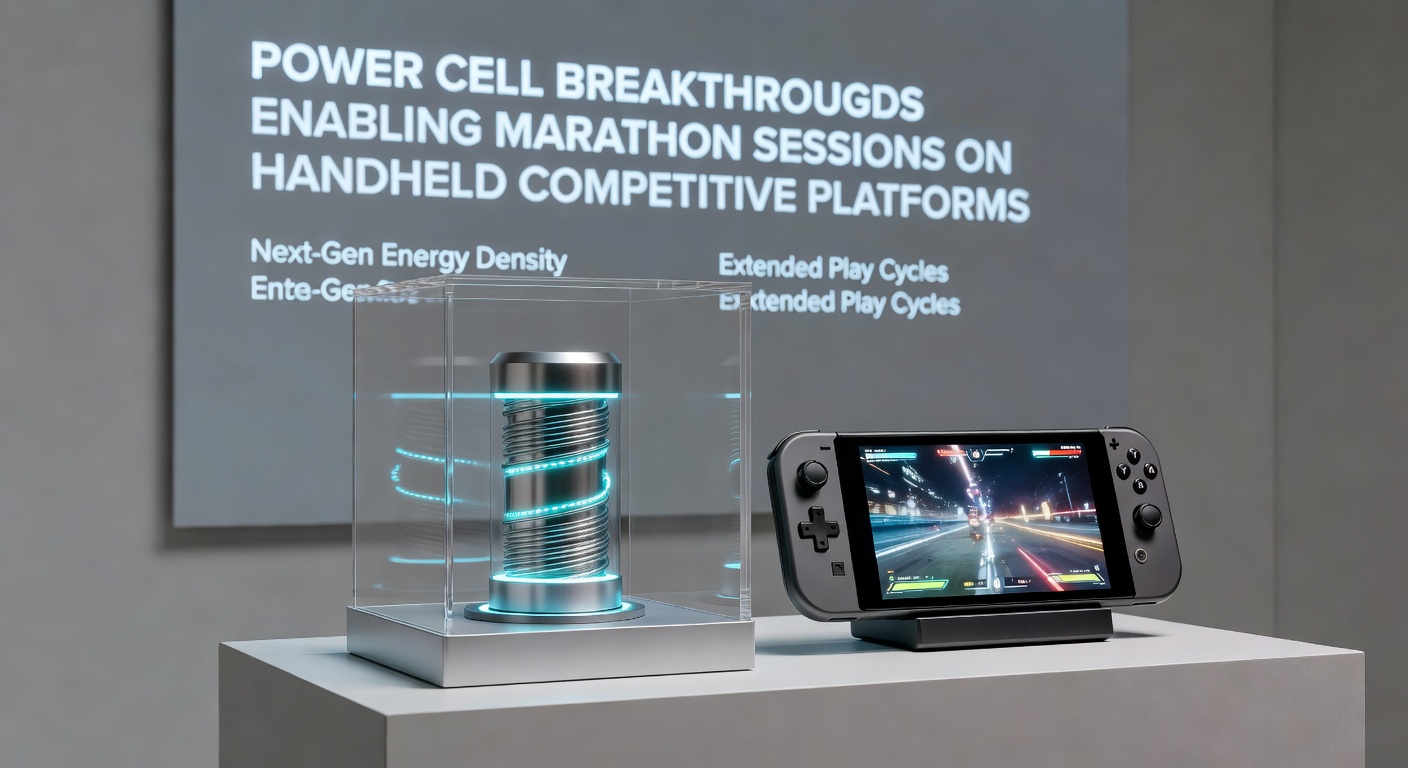 Close-up view of solid-state battery module powering a handheld console during a multi-hour esports event