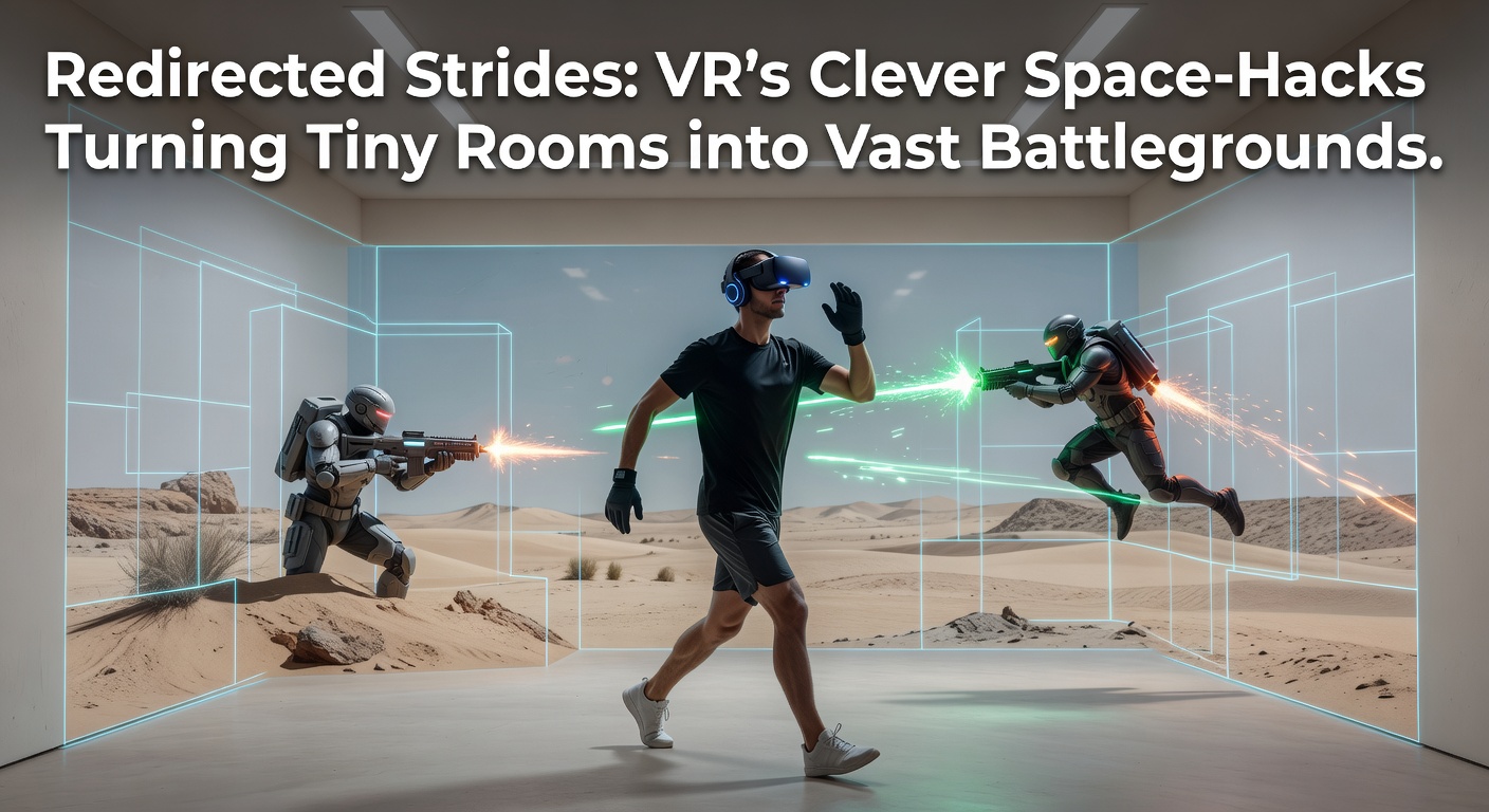 A user in a small room wearing a VR headset, virtually exploring a massive open battlefield while physically pacing a confined space