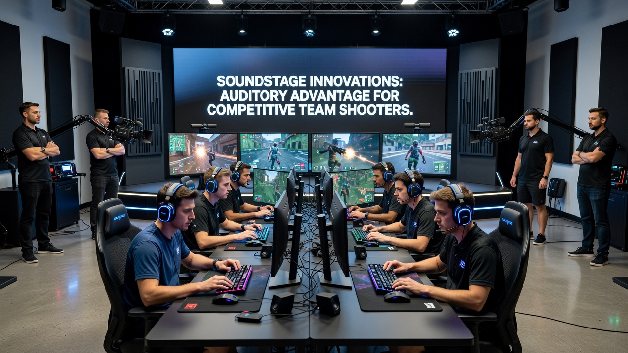 Close-up of gaming headset with spatial audio processing indicators next to a competitive setup