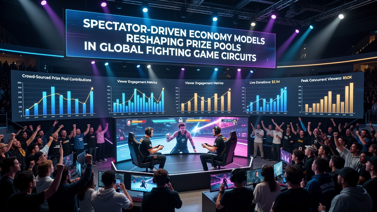 Detailed view of a fighting game tournament setup with visible prize pool displays and spectator interaction metrics