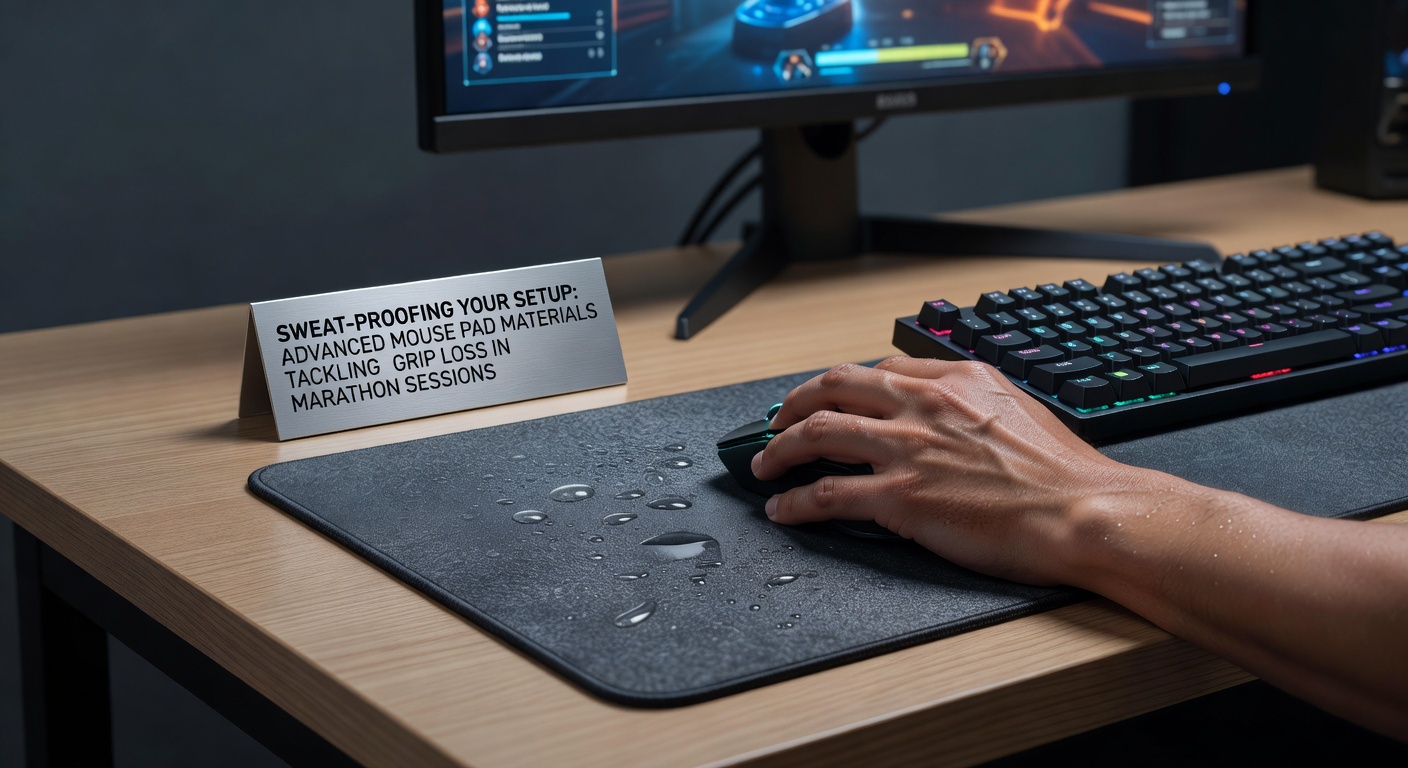 Close-up of a gamer's hand on a high-tech mouse pad during an intense session, showing water beads rolling off the surface