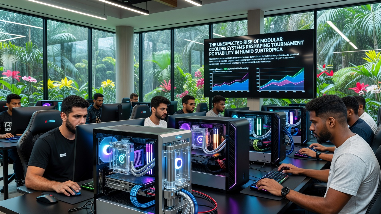 Technicians adjusting modular cooling components during a live esports tournament in a humid venue